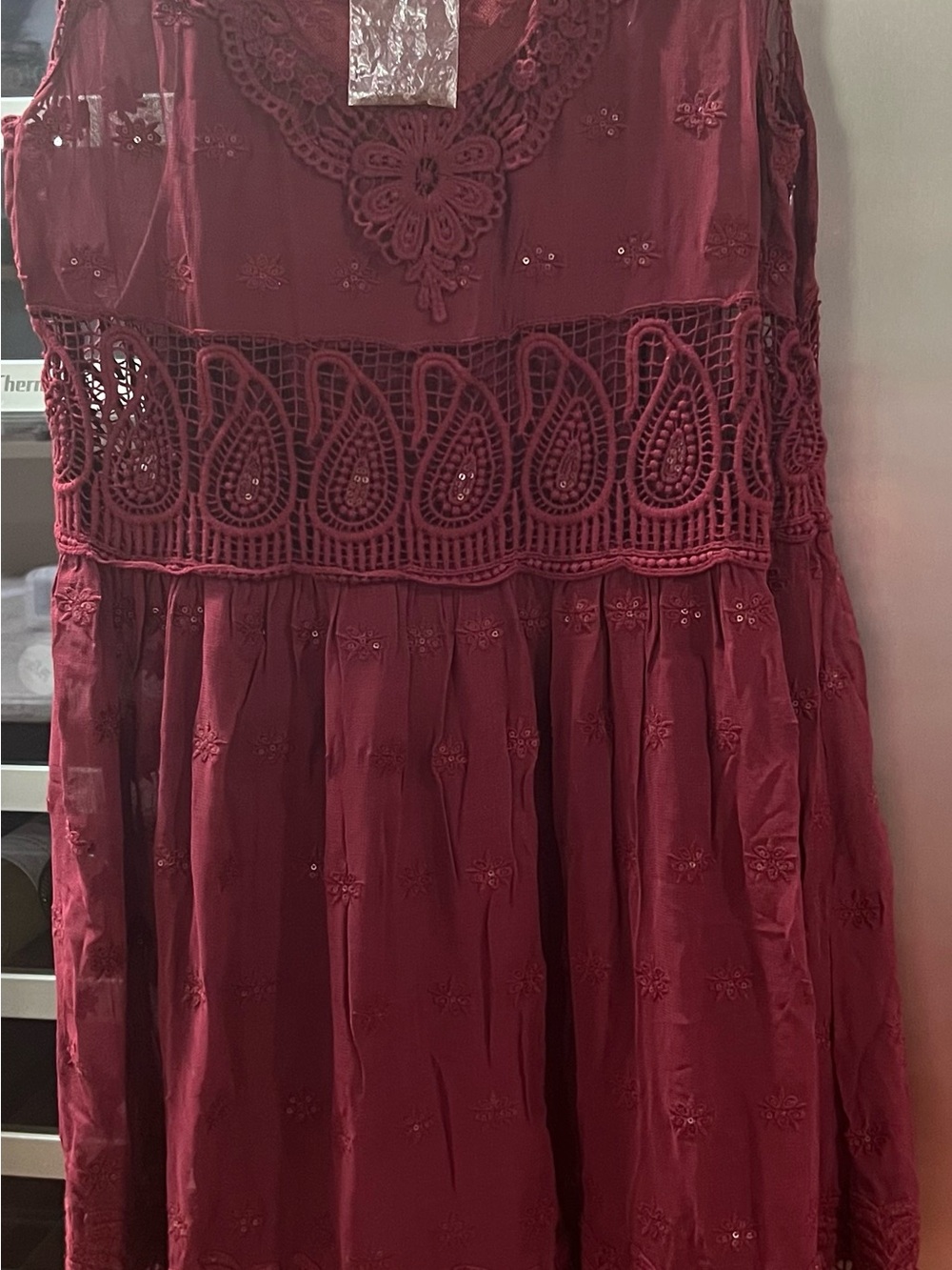 Sundance Burgundy Embroidered Sheer Dress